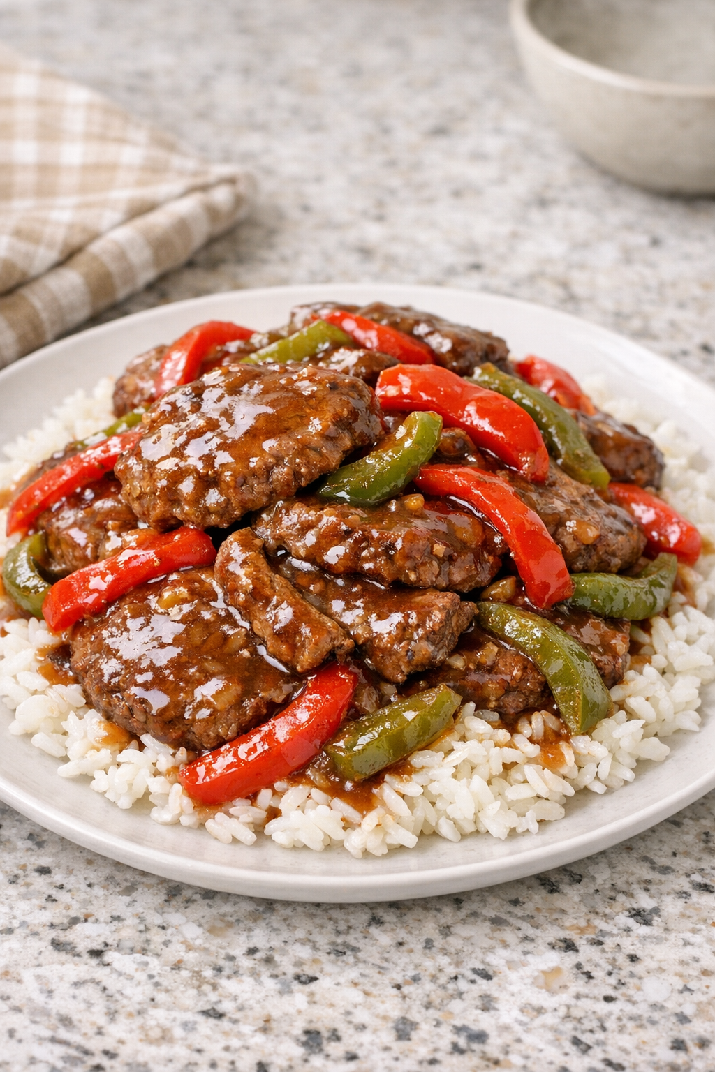 Finished poor man pepper steak served over rice