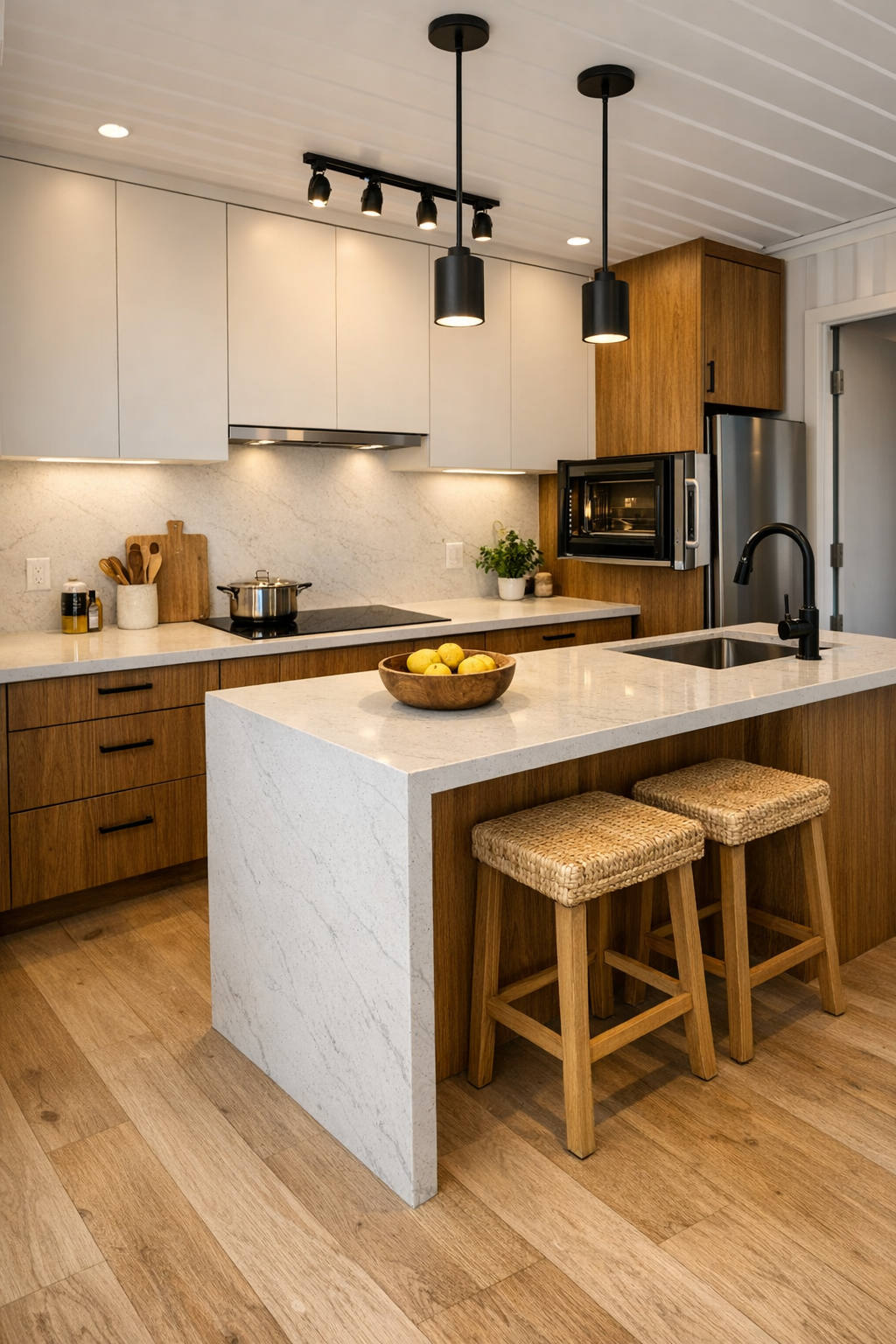 Warm accessible kitchen with oak cabinetry and quartz surfaces