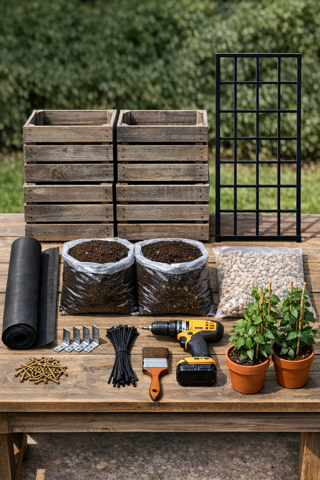 Wooden crates, trellis, liner, soil, and hardware laid out for the project