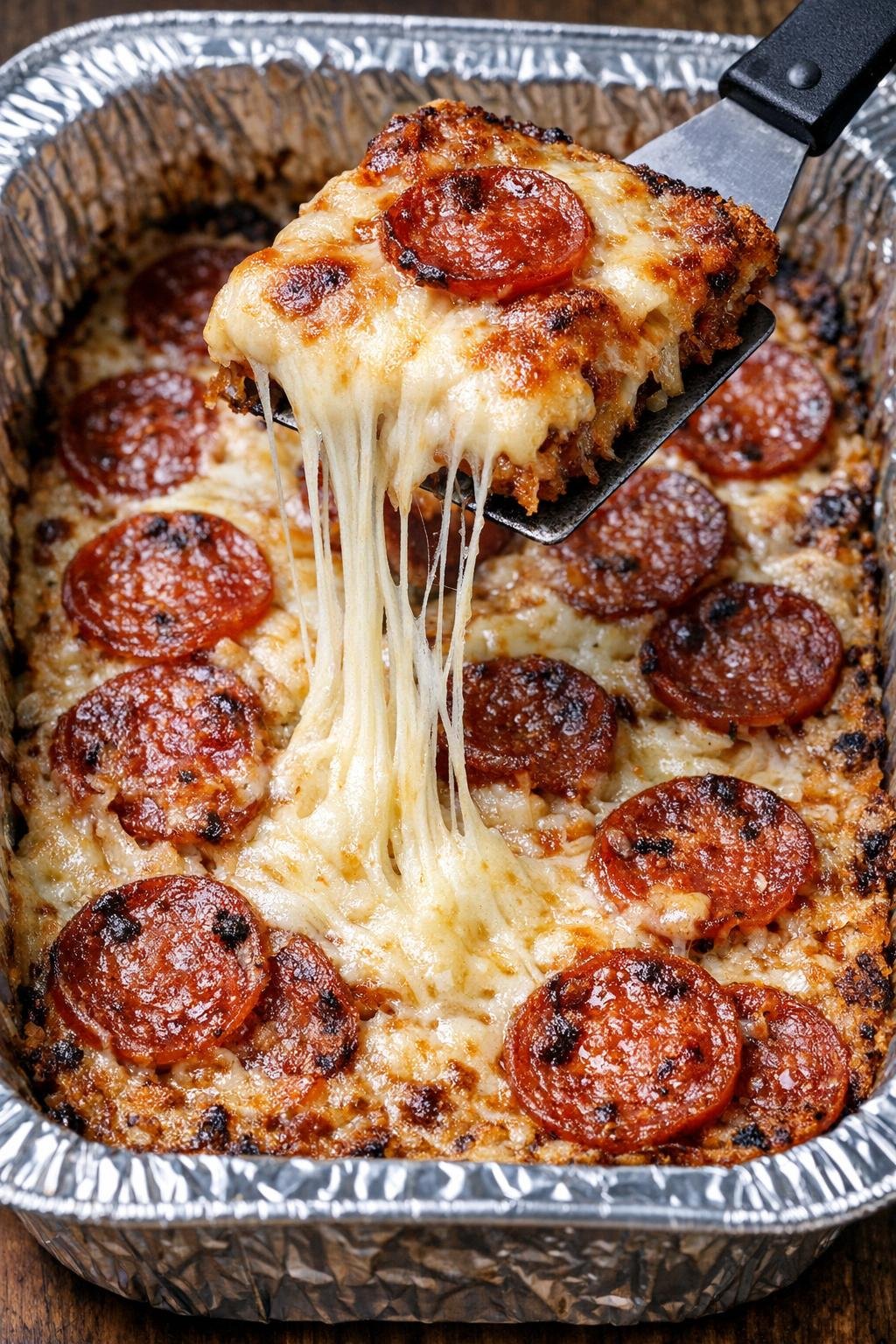 Pepperoni Belmont crisps in a foil tray with a gooey cheese pull