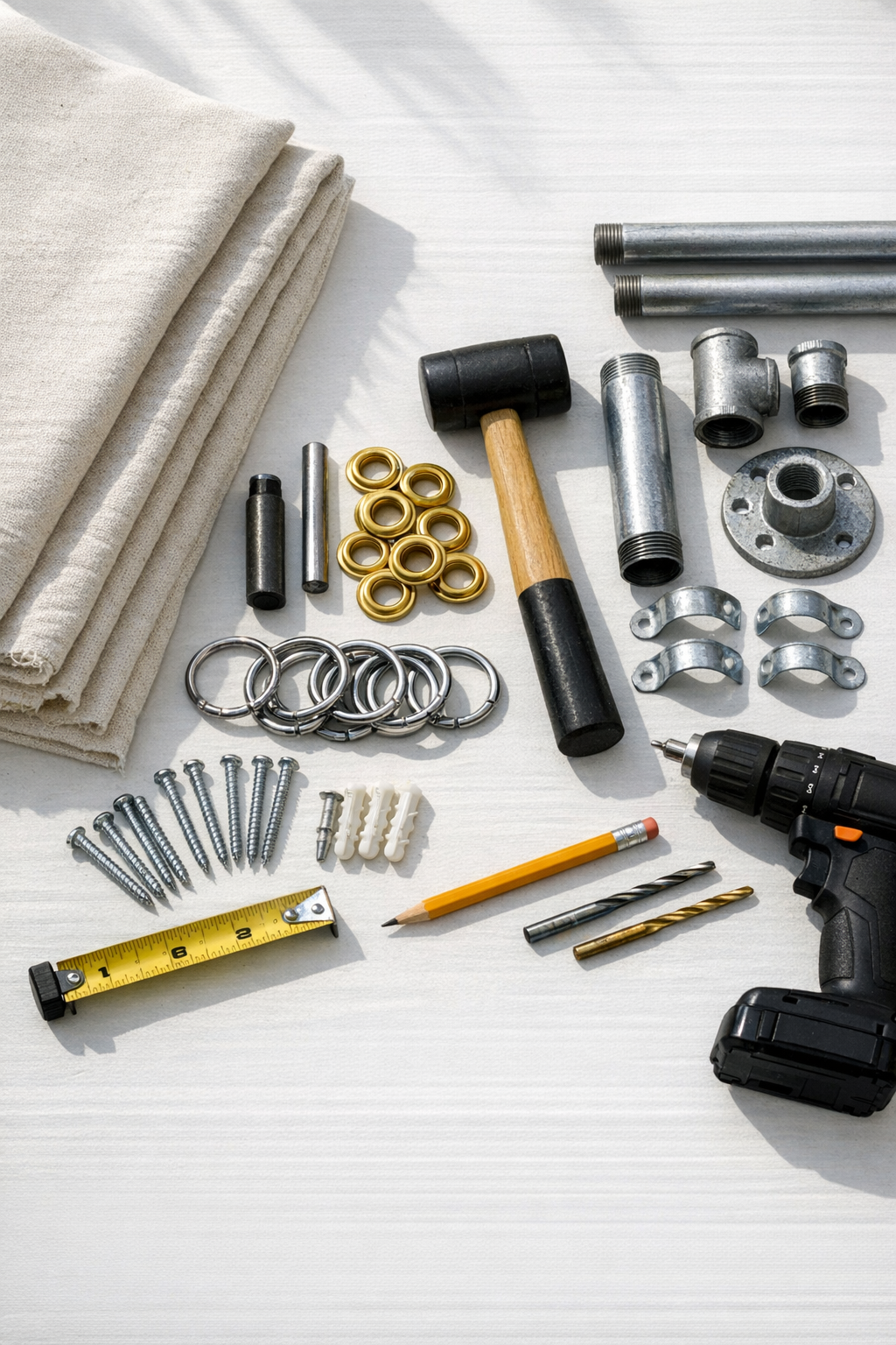 Canvas drop cloth, grommet kit, galvanized pipes, and mounting hardware laid out neatly