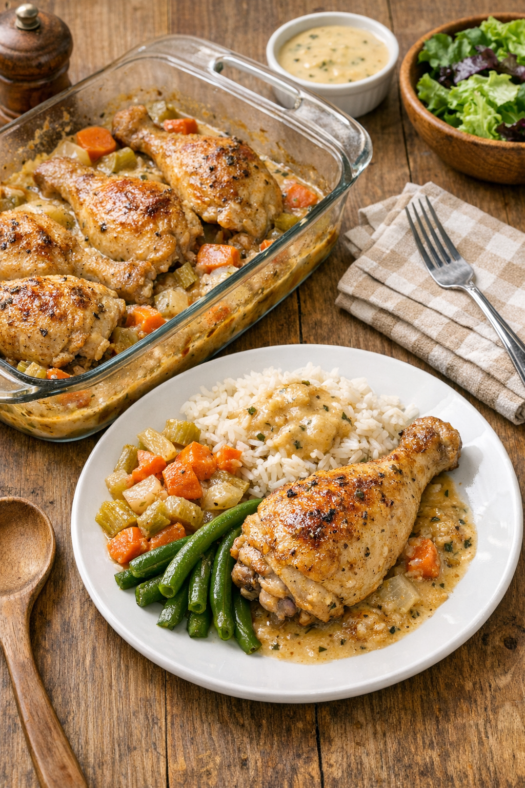Finished baked chicken legs in a glass casserole dish