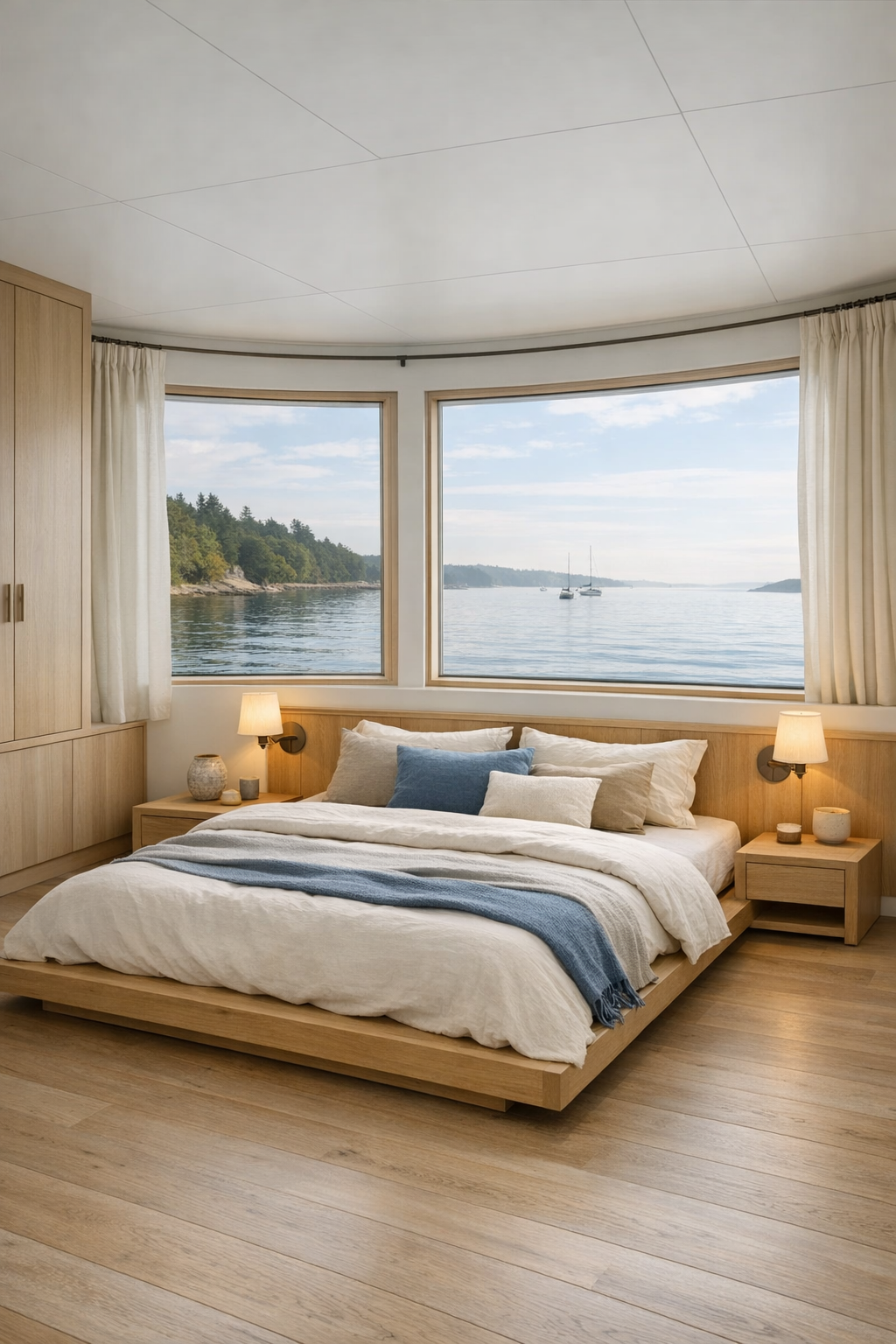 Serene coastal bedroom with a low platform bed, built-in storage, and warm neutral bedding