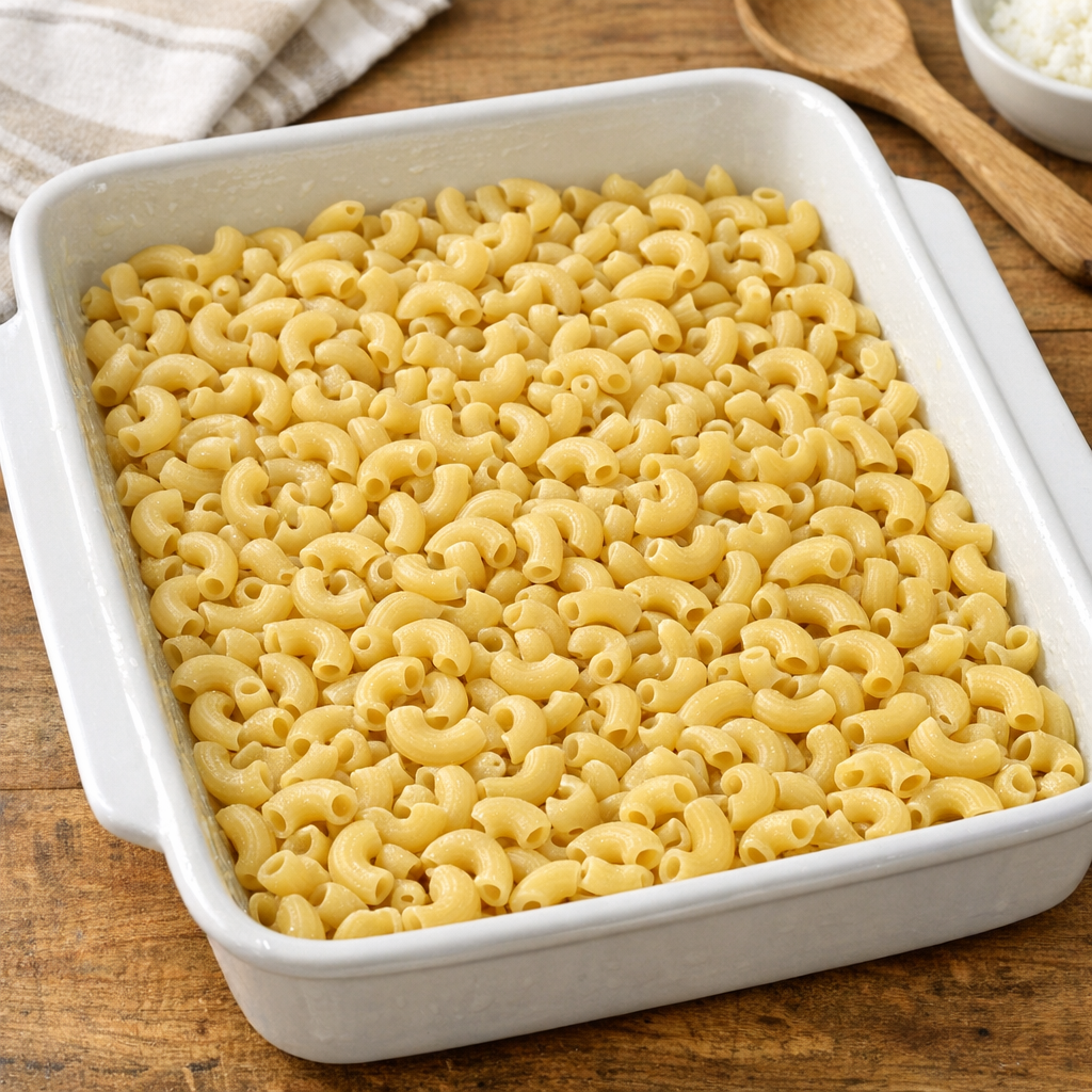 Uncooked elbow macaroni spread in a greased baking dish