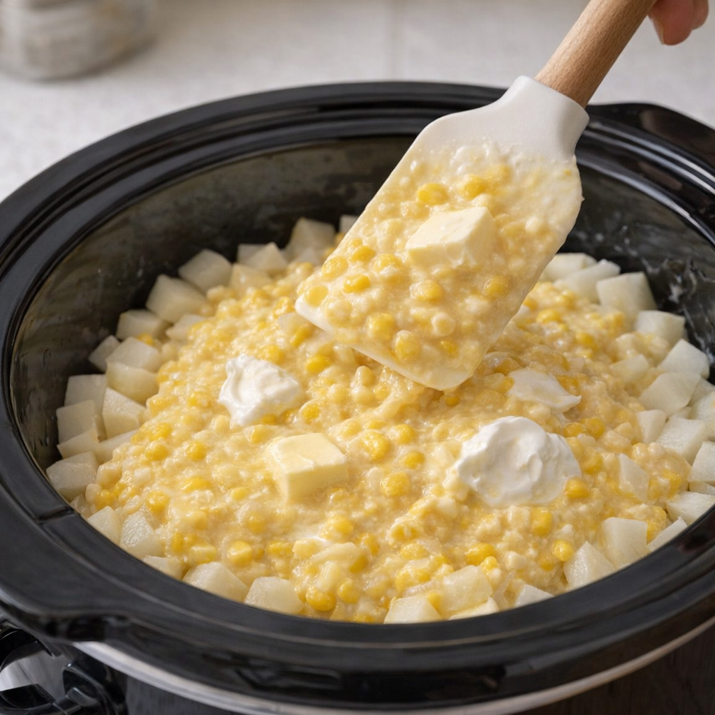 Roommaïs wordt over aardappelen in de slowcooker verdeeld.