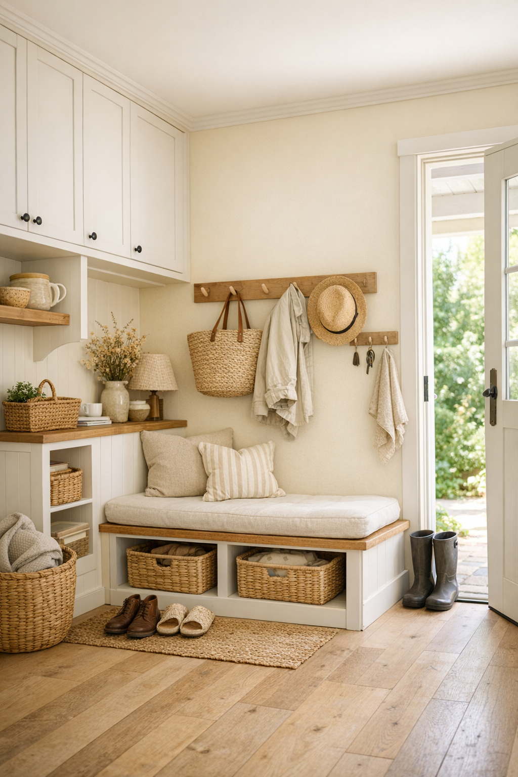 Functional tiny home entry and multipurpose nook with built-in storage, bench seating, and warm neutral finishes
