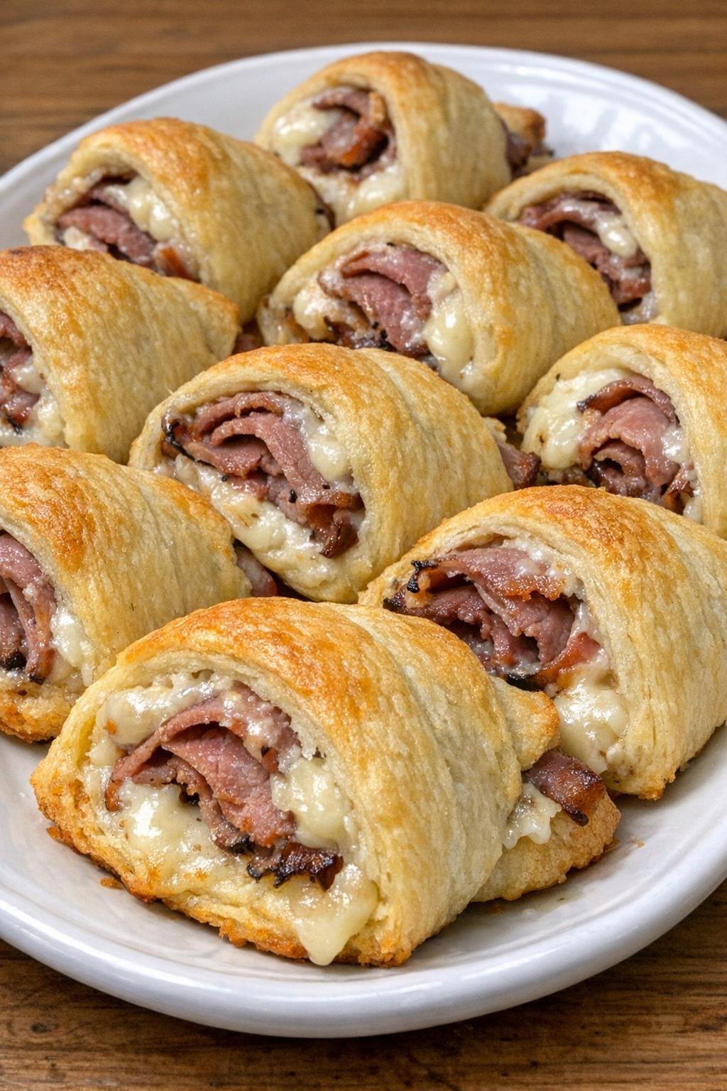 Golden brown roast beef and horseradish cheese crescent pinwheels on a white platter