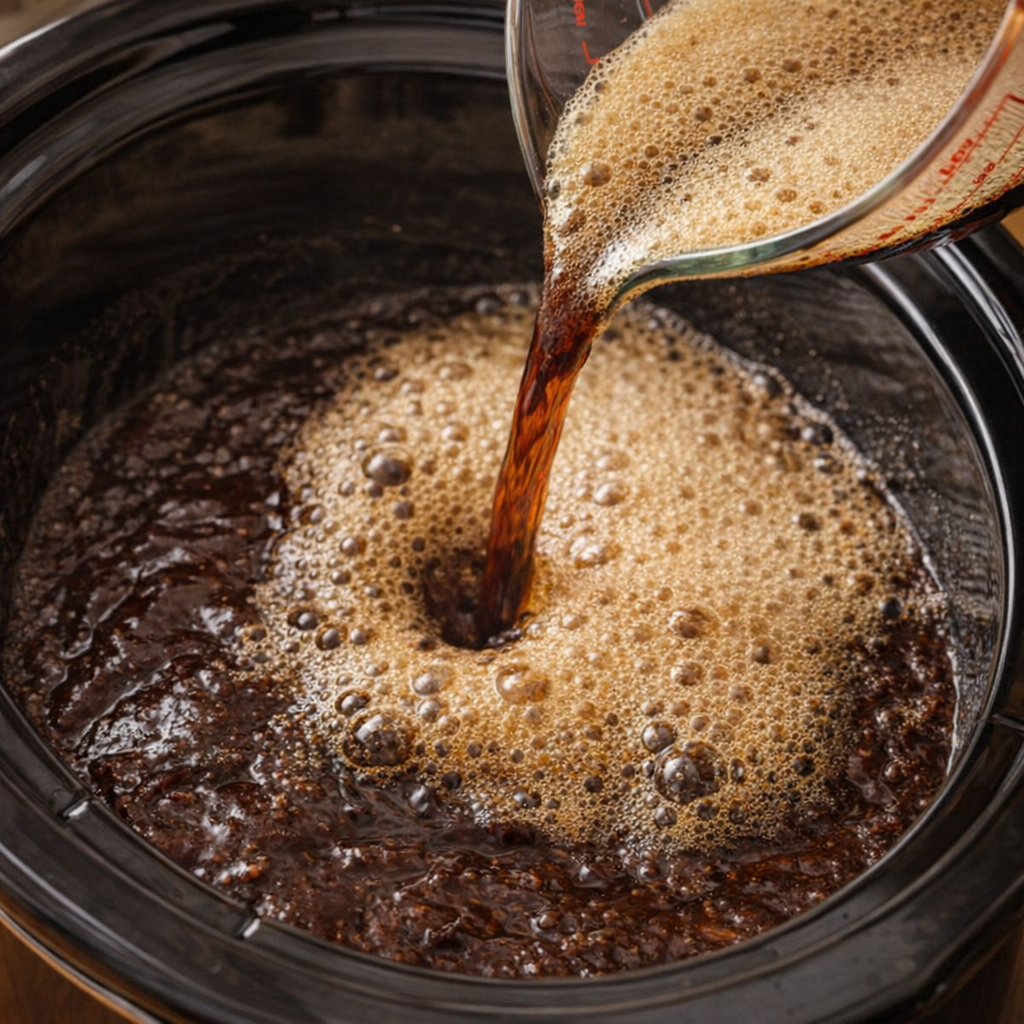 Root beer being poured over chocolate batter in slow cooker