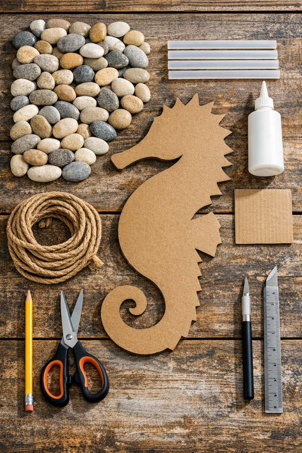 Materials for a river rock seahorse door hanger laid out on a table
