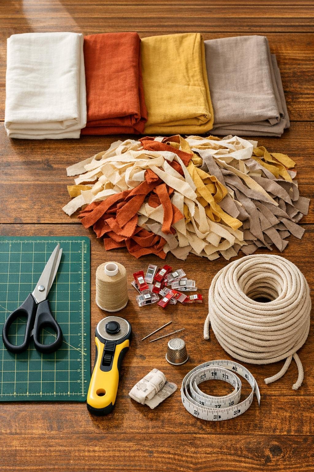 Old cotton bed sheets, fabric strips, thread, and sewing supplies laid out for a coiled basket project