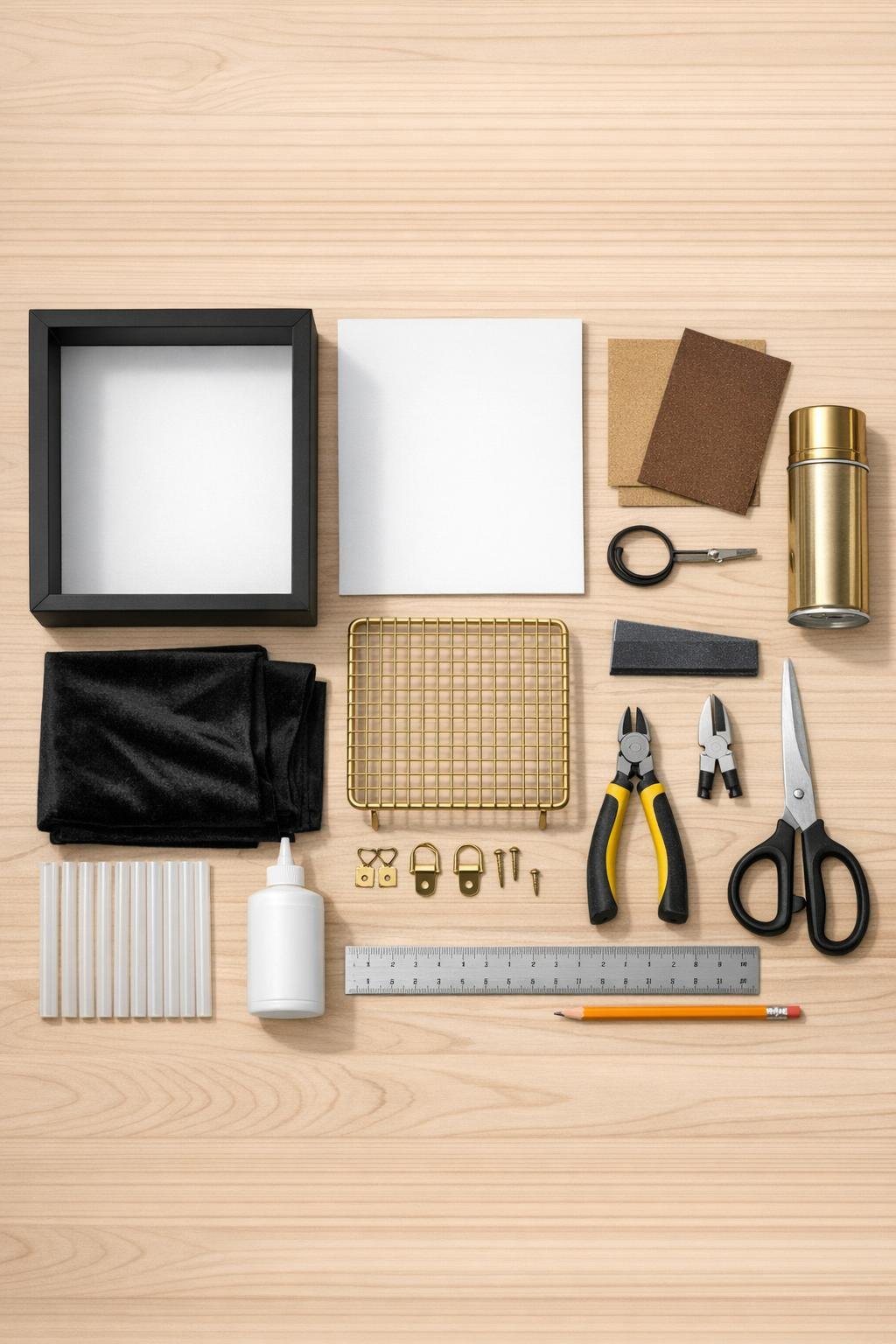 Materials for the shadow box earring display laid out together