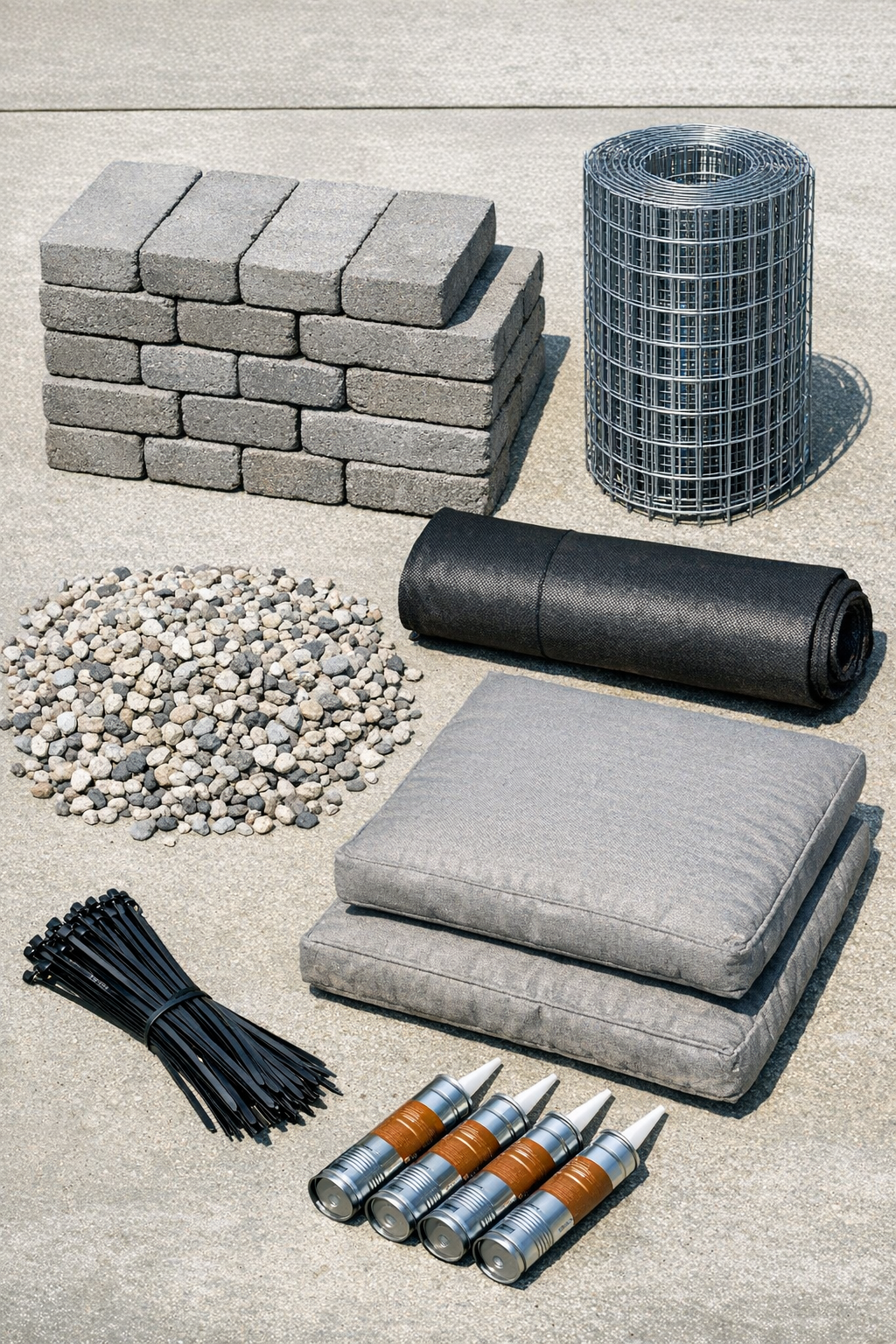 Materials for a curved outdoor firepit bench laid out neatly
