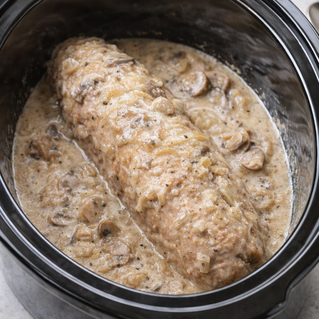 Slow cooker pork tenderloin with gravy in the crock