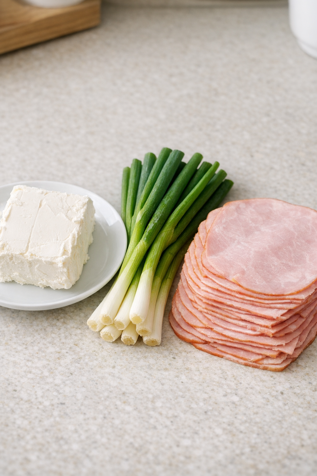 Cream cheese, green onions, and sliced ham ingredients