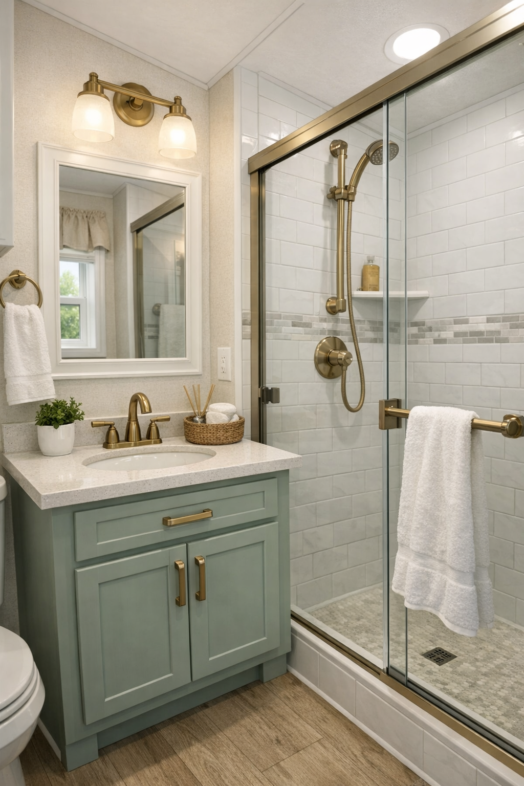 Bright compact bathroom with tiled shower, painted vanity, and warm metal accents