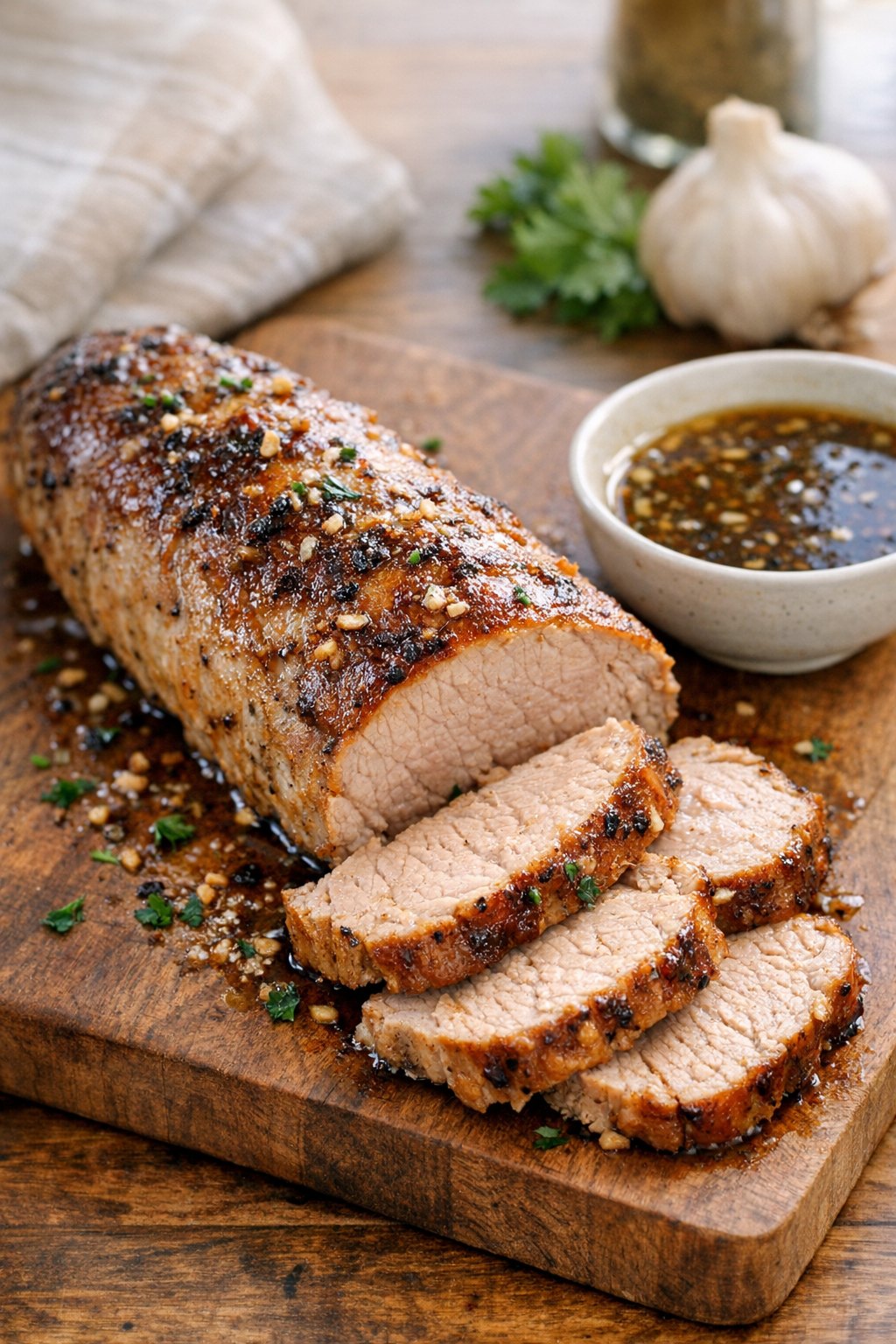 Cooked pork tenderloin resting on a cutting board with slow cooker juices nearby