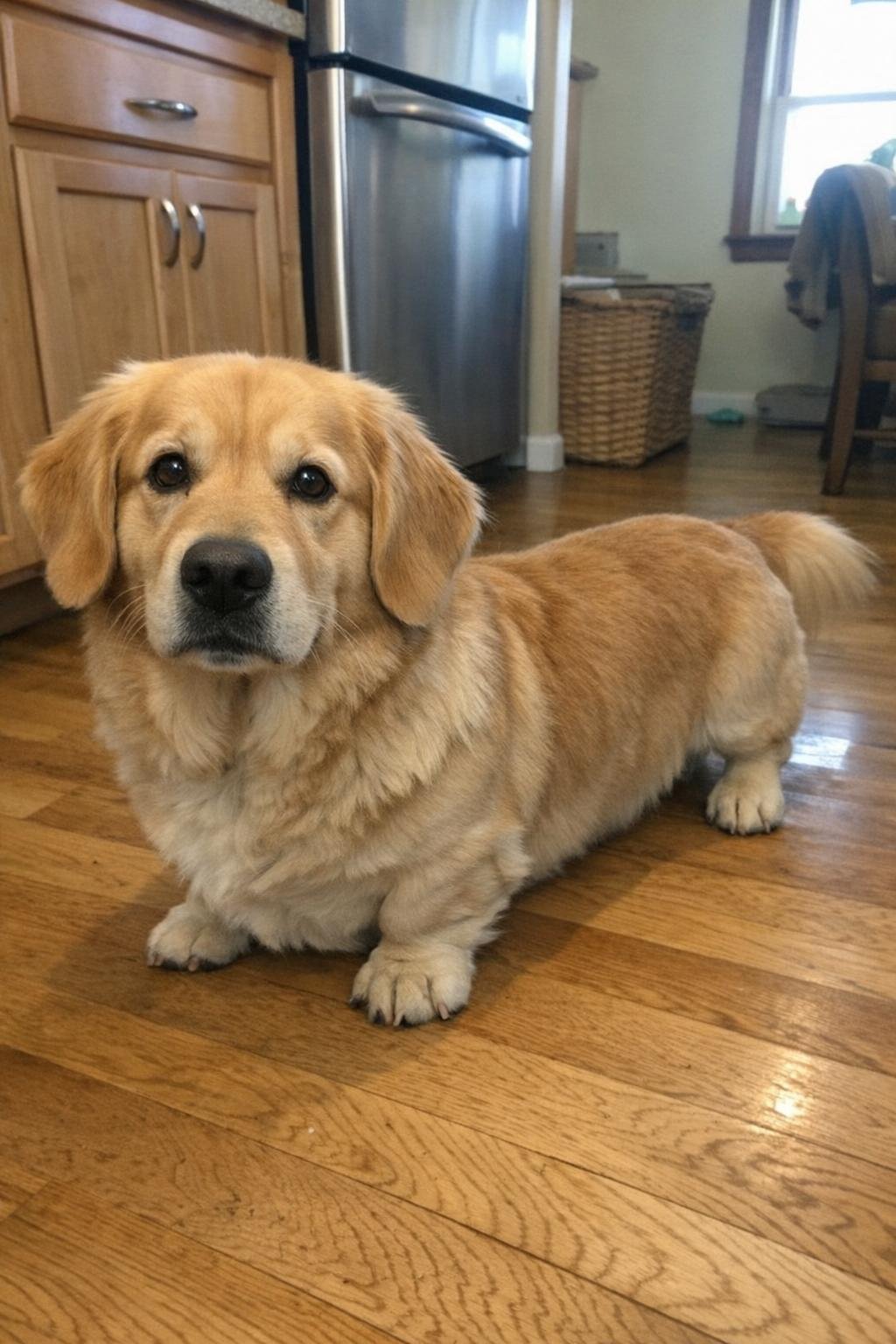 A short-legged golden-colored dog with a long body standing in a kitchen