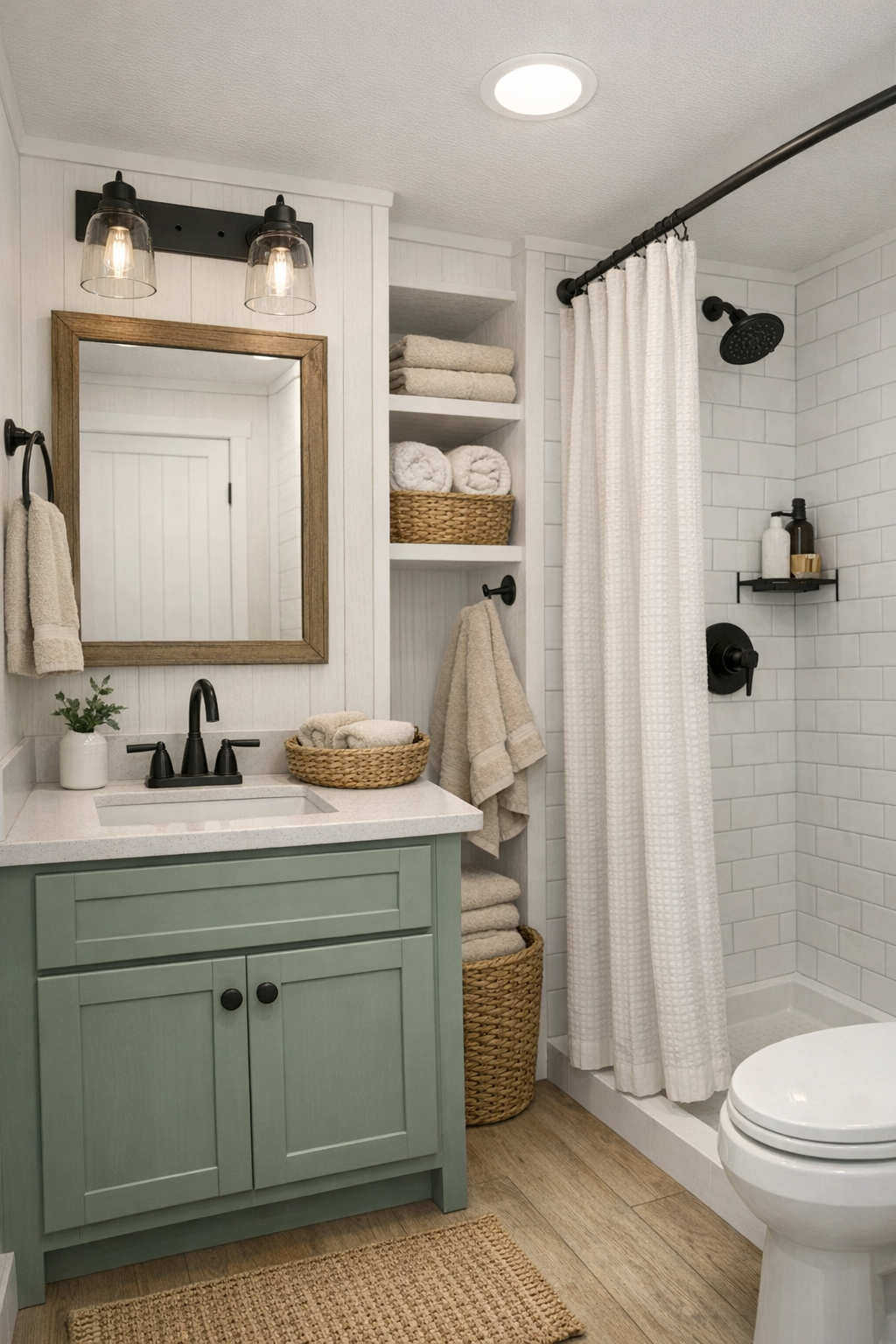 Fresh farmhouse bathroom with compact vanity and white tiled shower
