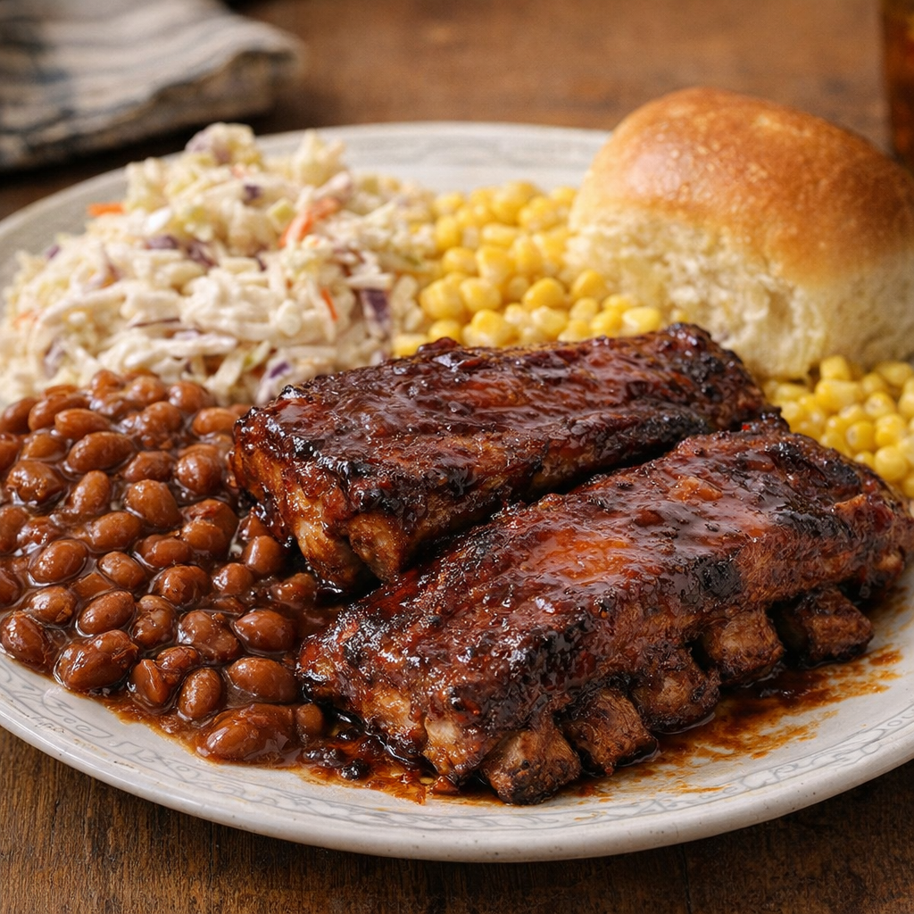 Plate of ribs with classic potluck sides