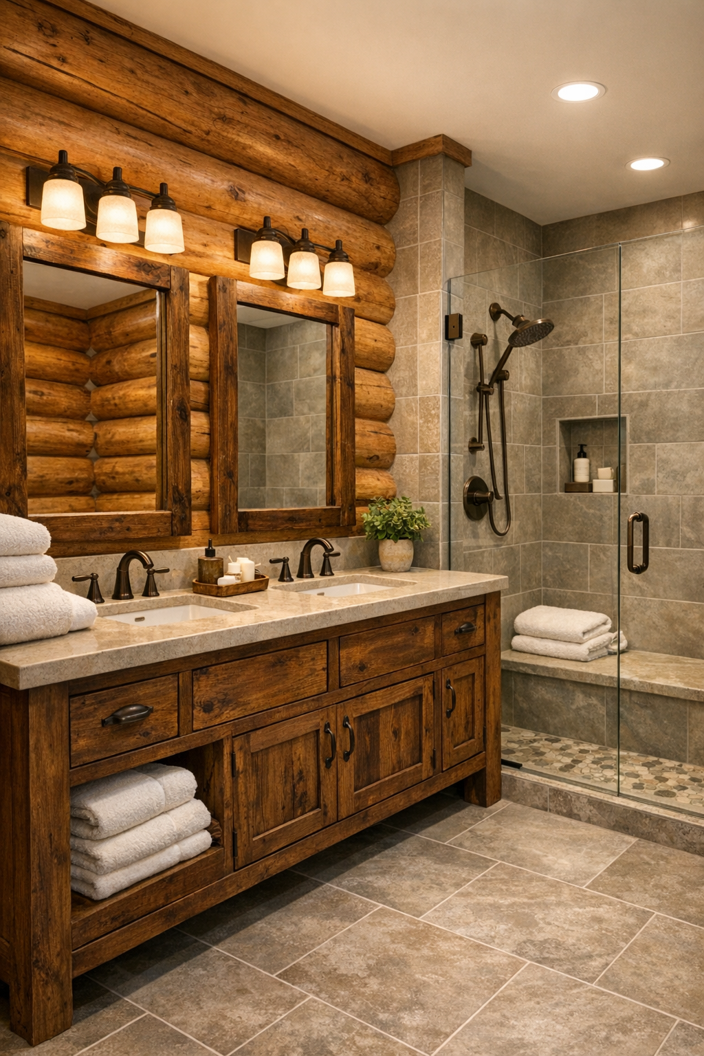 Refined rustic bathroom with wood vanity, stone top, and walk-in shower