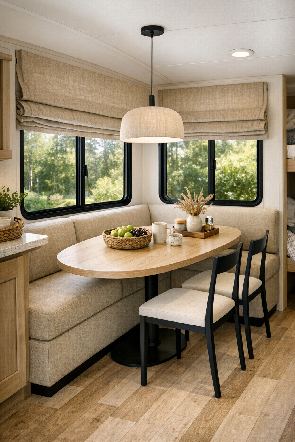 Accessible RV camper dining nook with built-in banquette and oval wood table