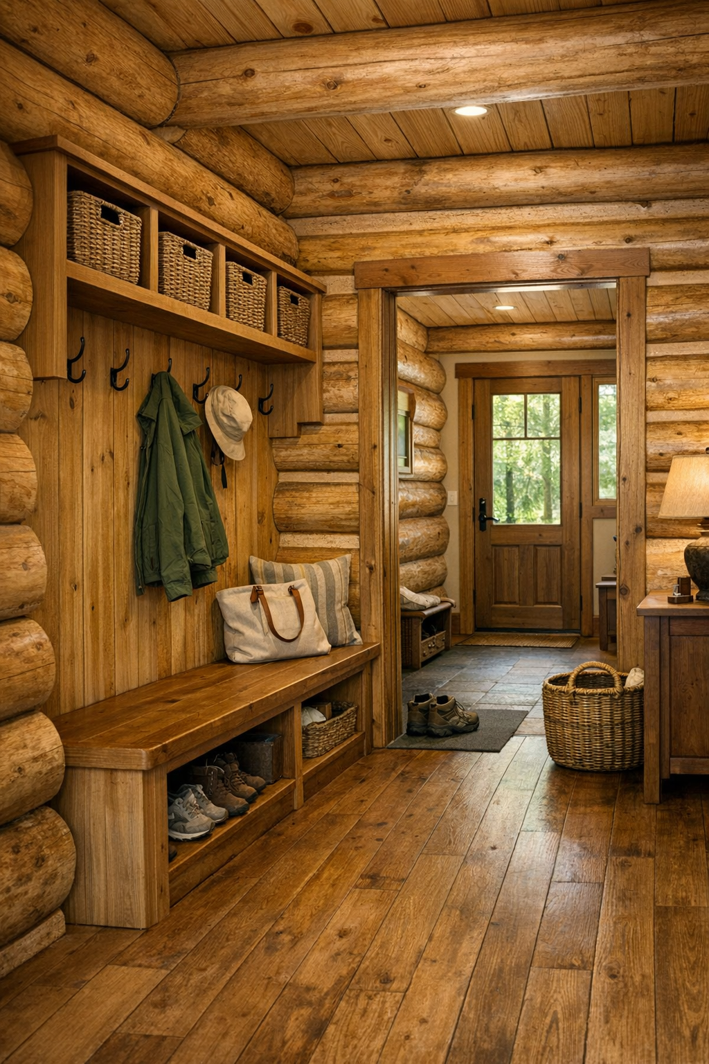 Mudroom and hallway with built-in wood bench, cubbies, and cedar log walls