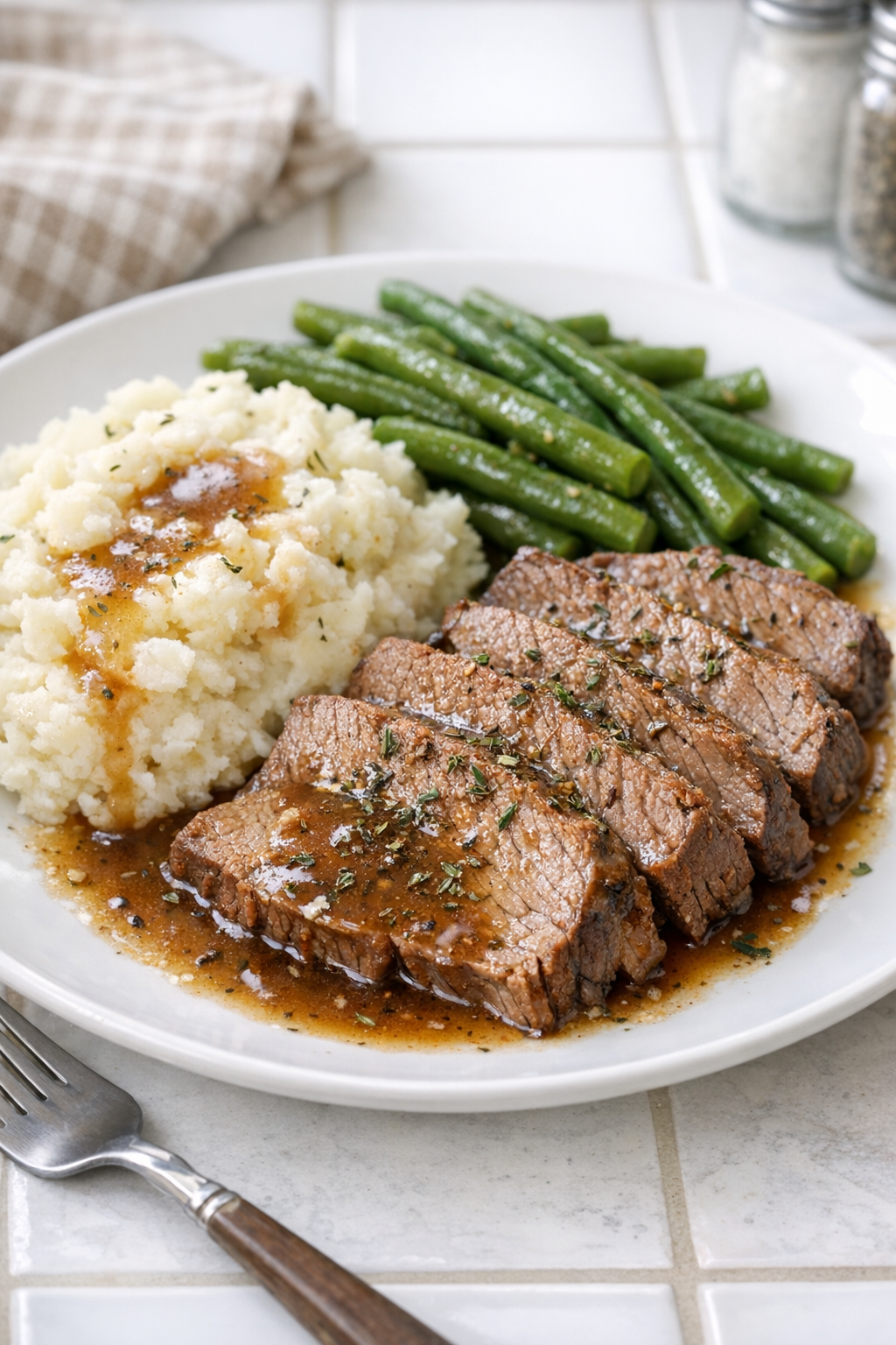 Finished plated Amish thyme beef with sliced roast and savory juices