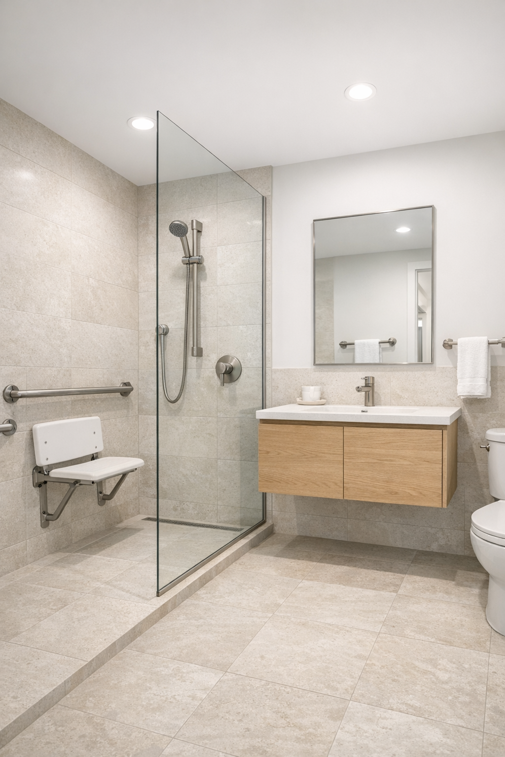 Accessible tiny home bathroom with curbless shower, oak vanity, and pale stone tile