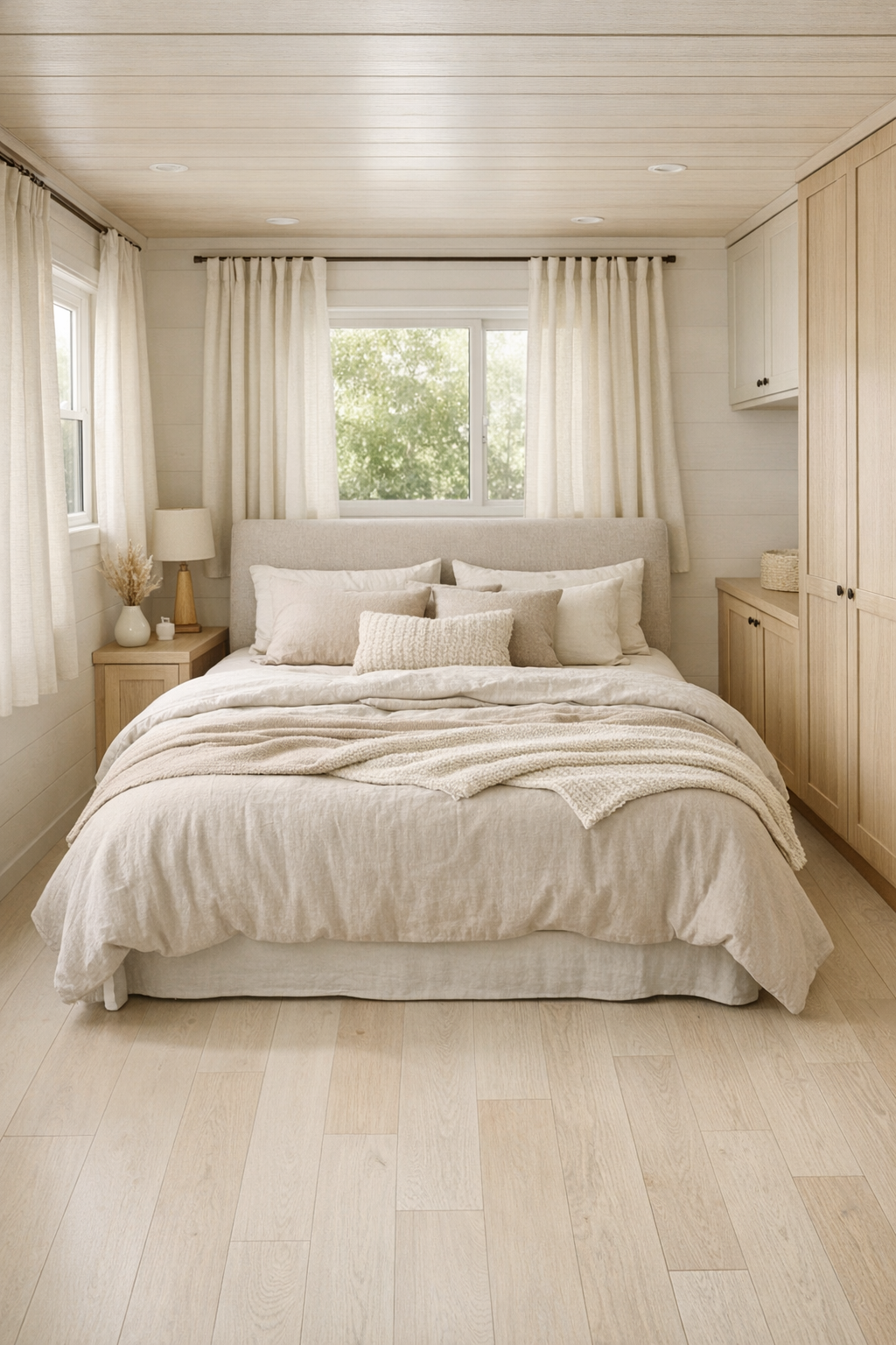 Calm tiny home bedroom with oat bedding and accessible clearances