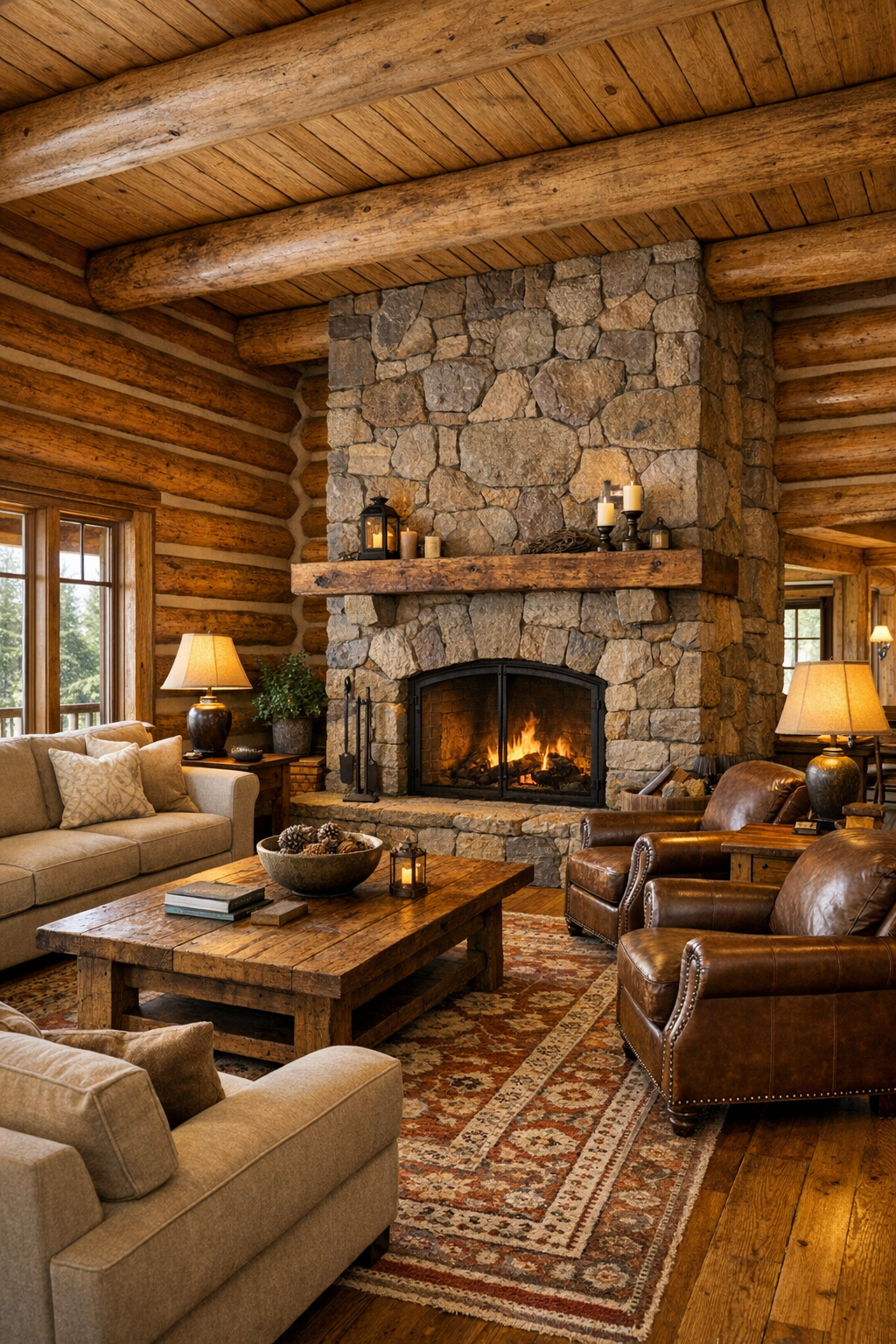 Cozy log home living room with stone fireplace and warm pine walls