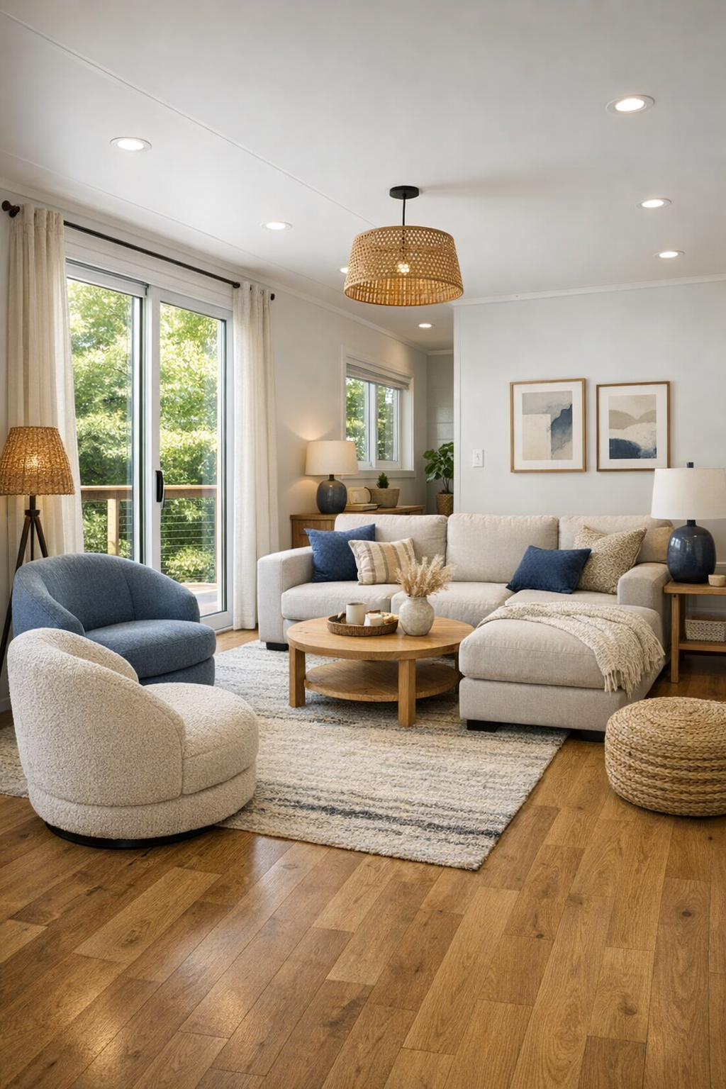 Accessible modern living room with warm oak floors, soft neutral seating, and muted navy accents