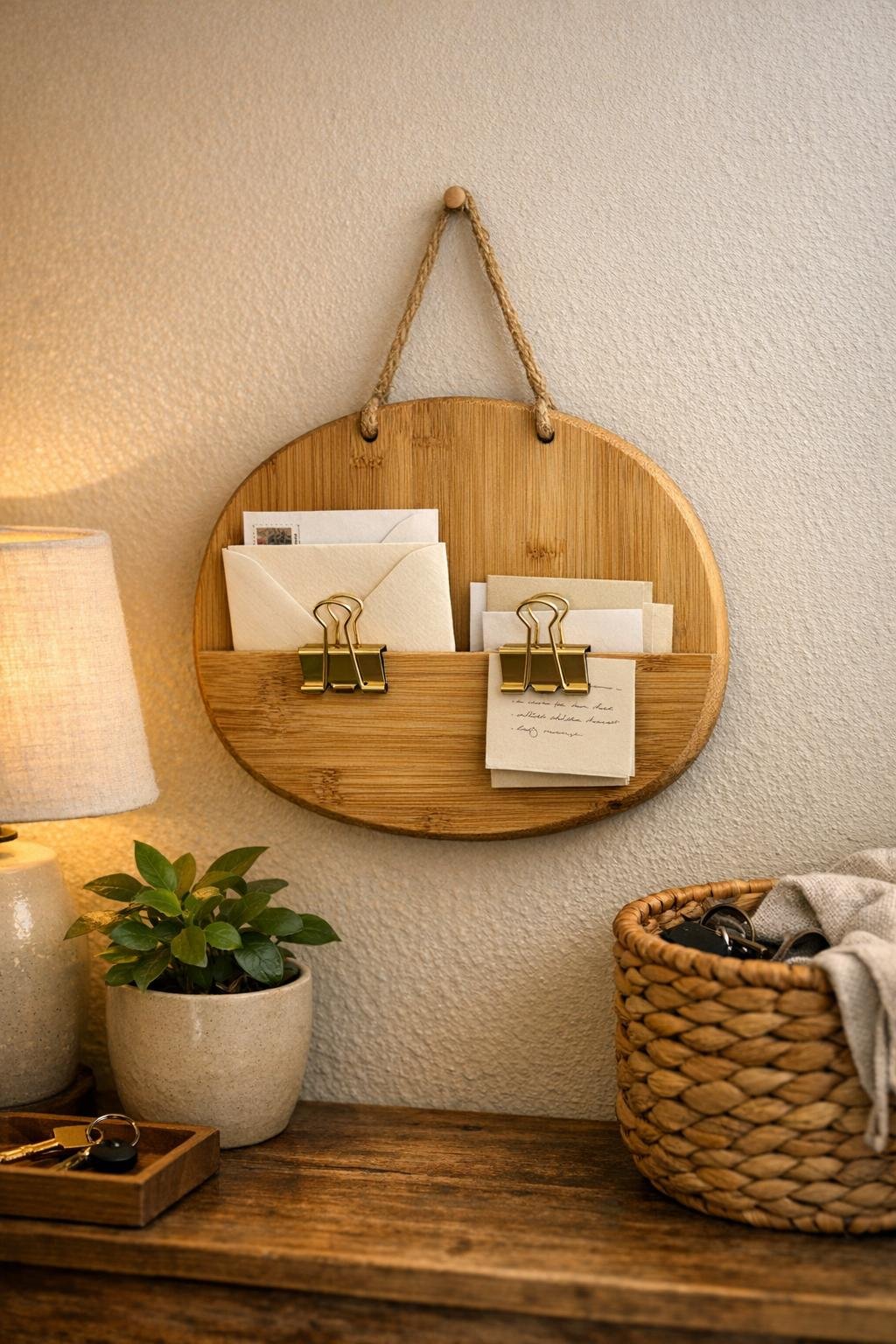 Finished bamboo cutting board letter holder hanging in an entryway