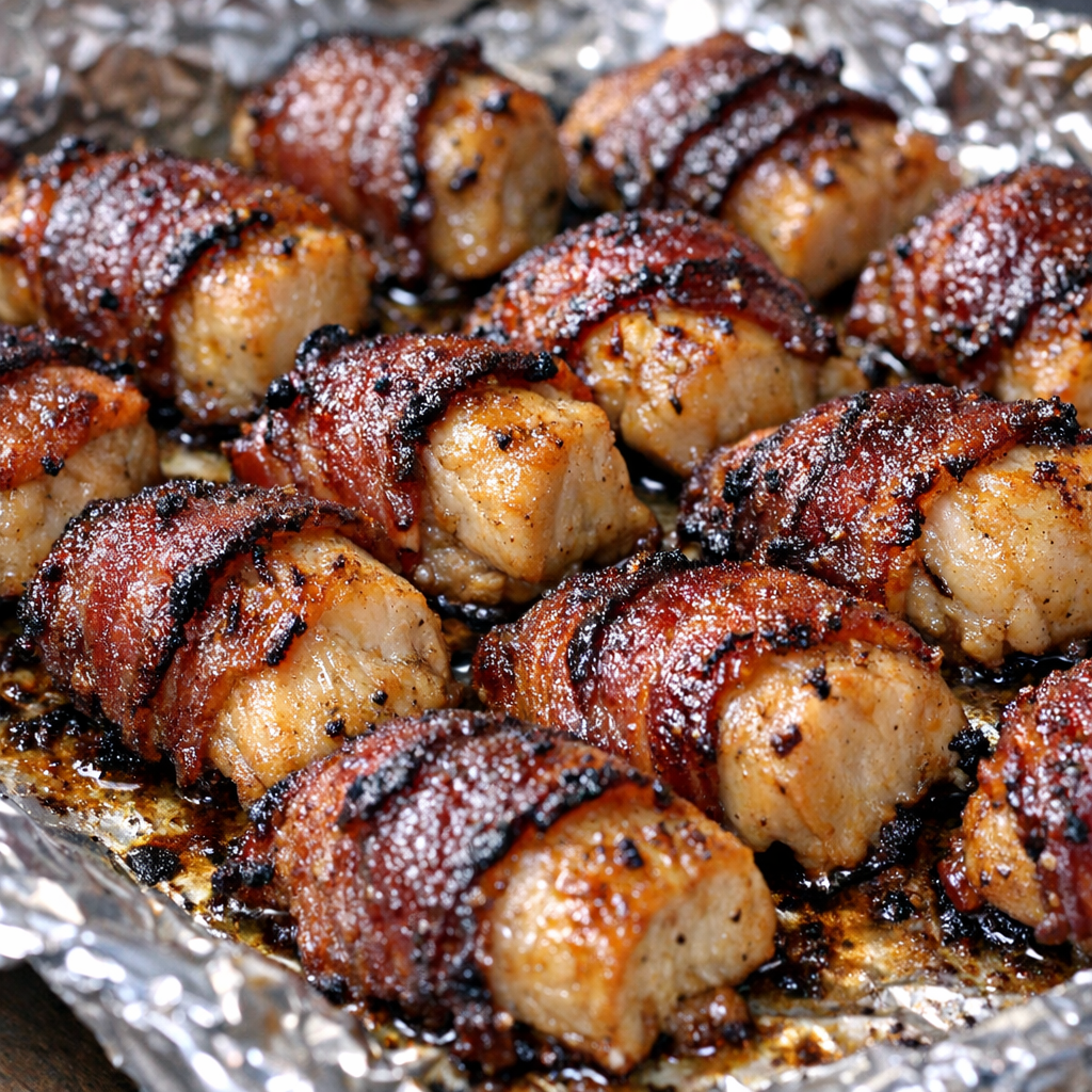 Baked chicken bacon bites with crispy edges