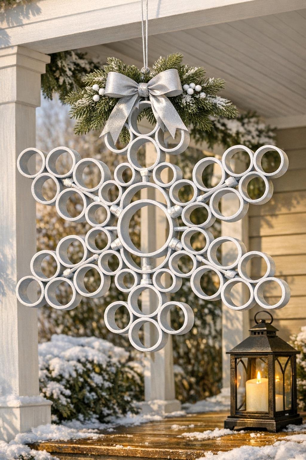 Finished geometric snowflake made from PVC rings hanging on a winter porch