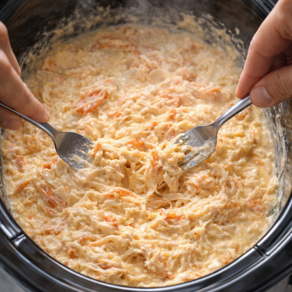 Creamy crab dip being stirred inside the slow cooker