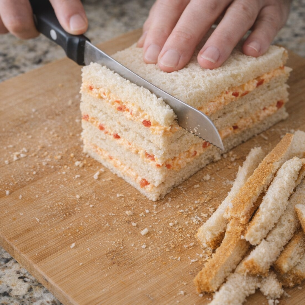 Crusts being trimmed from pimento cheese sandwiches