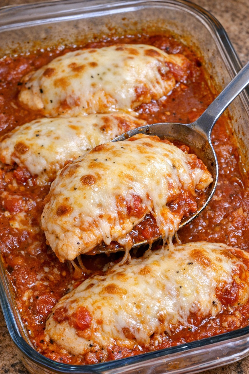 Chicken Piedmont baked in a glass dish with a spoonful lifted out