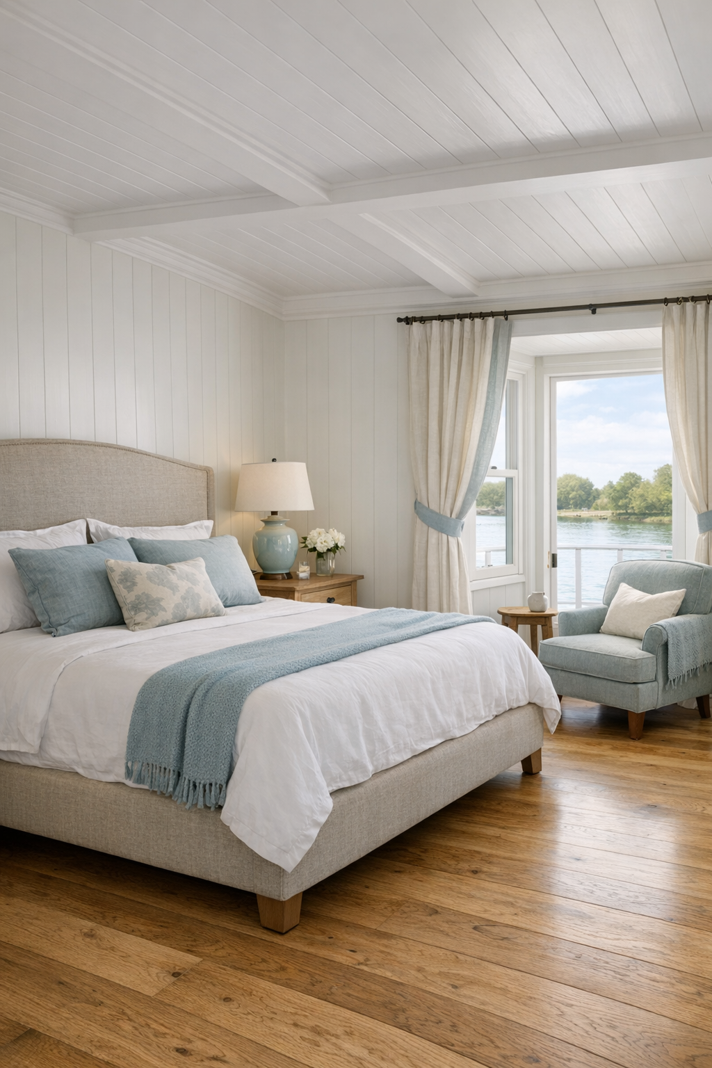 Calm bedroom in a southern colonial houseboat with upholstered bed, oak floors, and soft blue accents