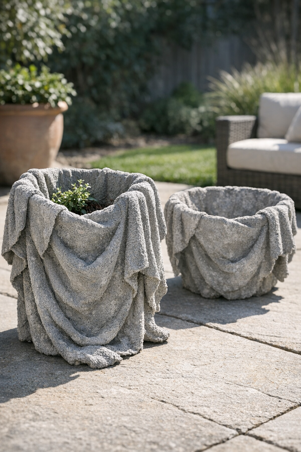 Finished cement towel patio forms displayed outdoors