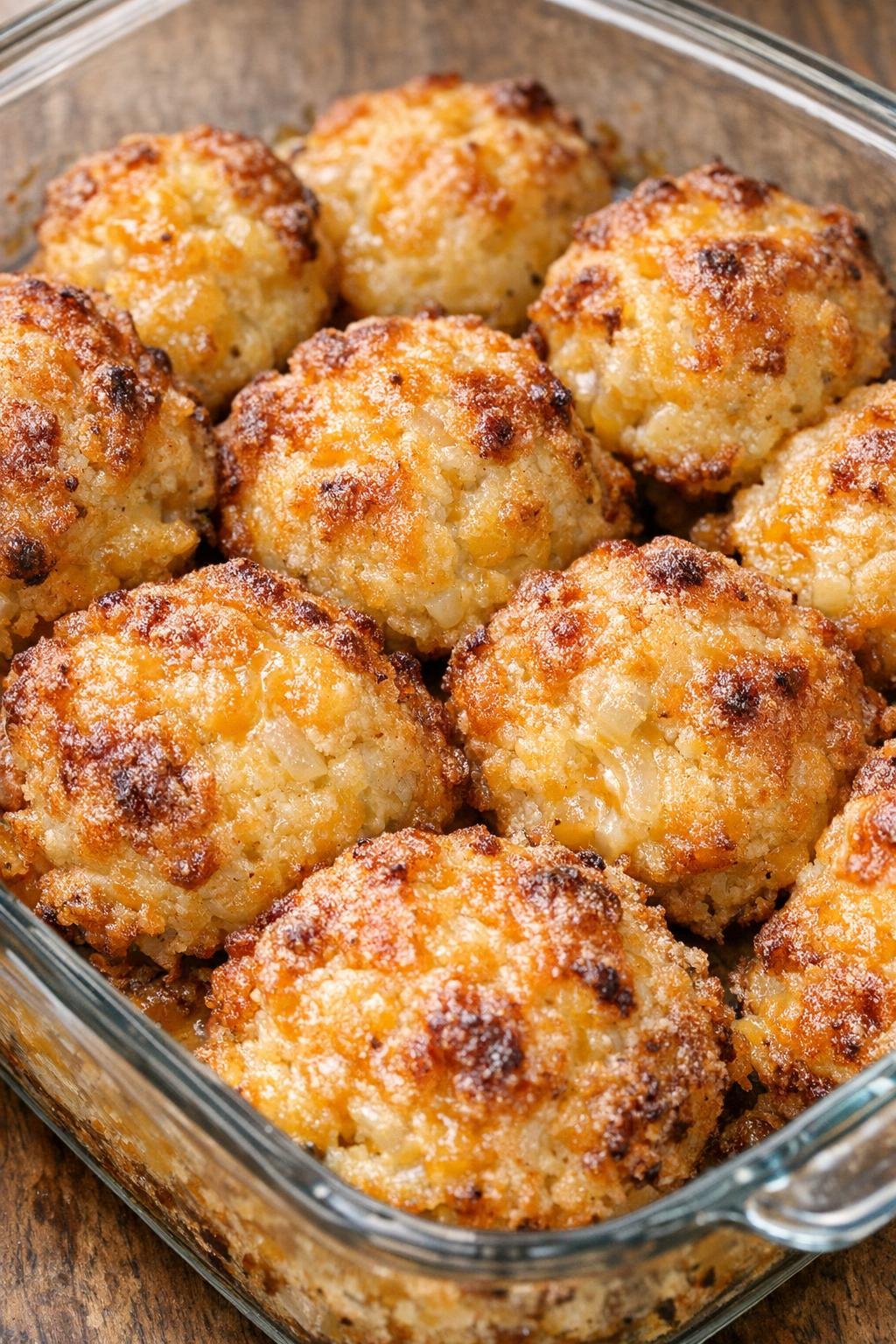 Southern 3-ingredient cheesy onion bites baked until golden in a glass casserole dish