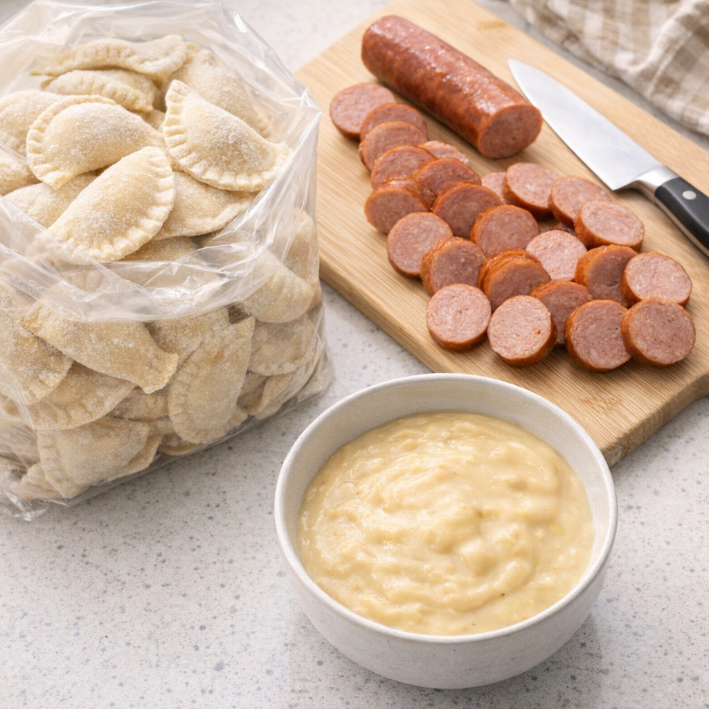 Three simple ingredients for kielbasa and pierogies dinner