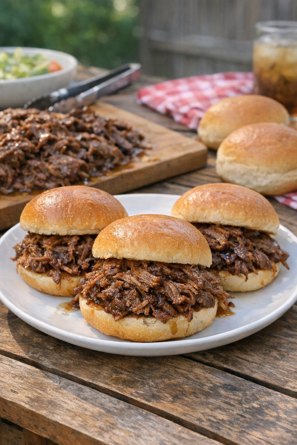 Plated shredded beef sliders with juicy pulled beef