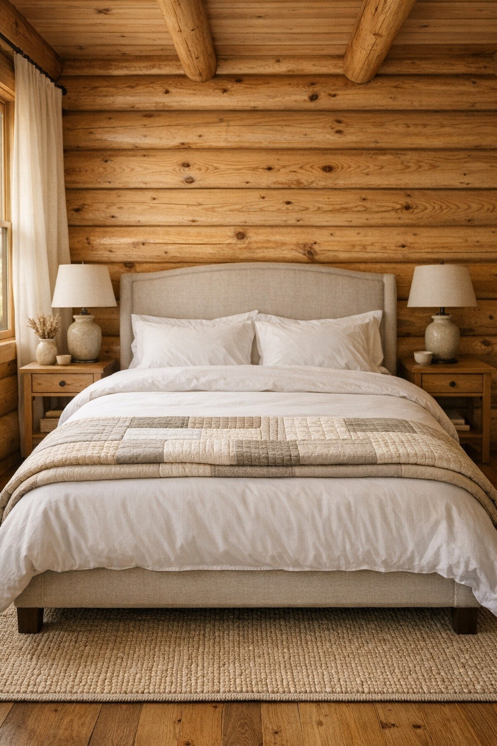Bedroom with log walls, linen-upholstered bed, and soft layered textiles