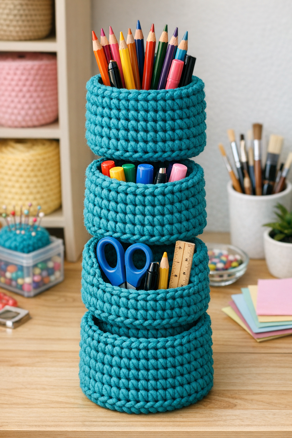 Finished teal crocheted school supplies tower made from stacked creamer containers