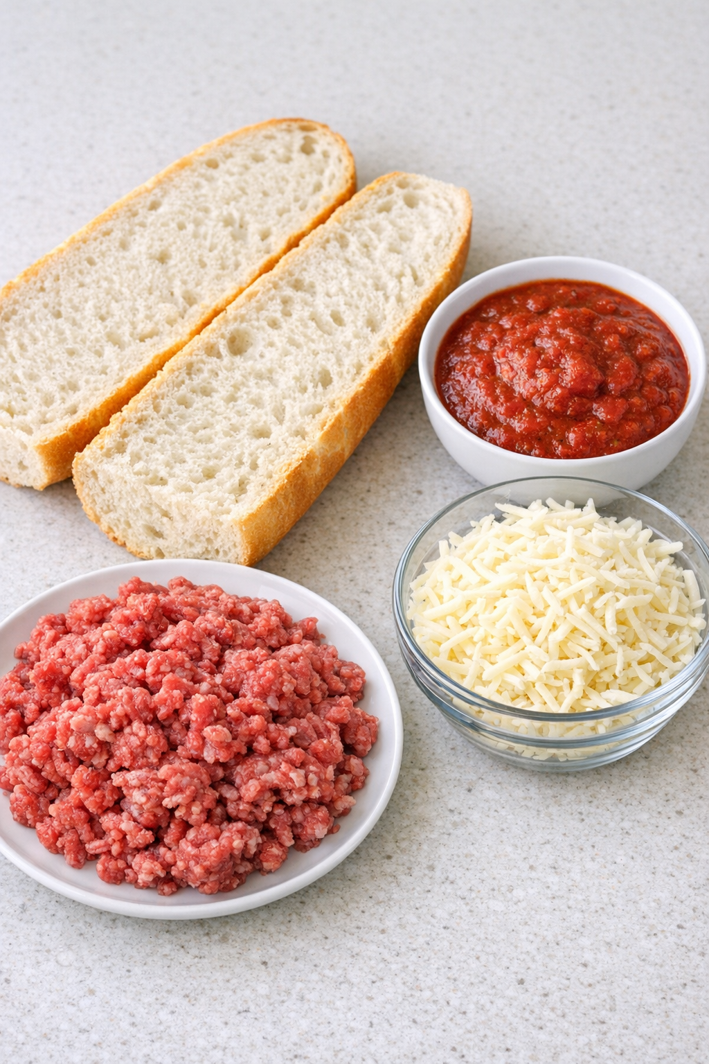 Main ingredients for beef french bread pizzas