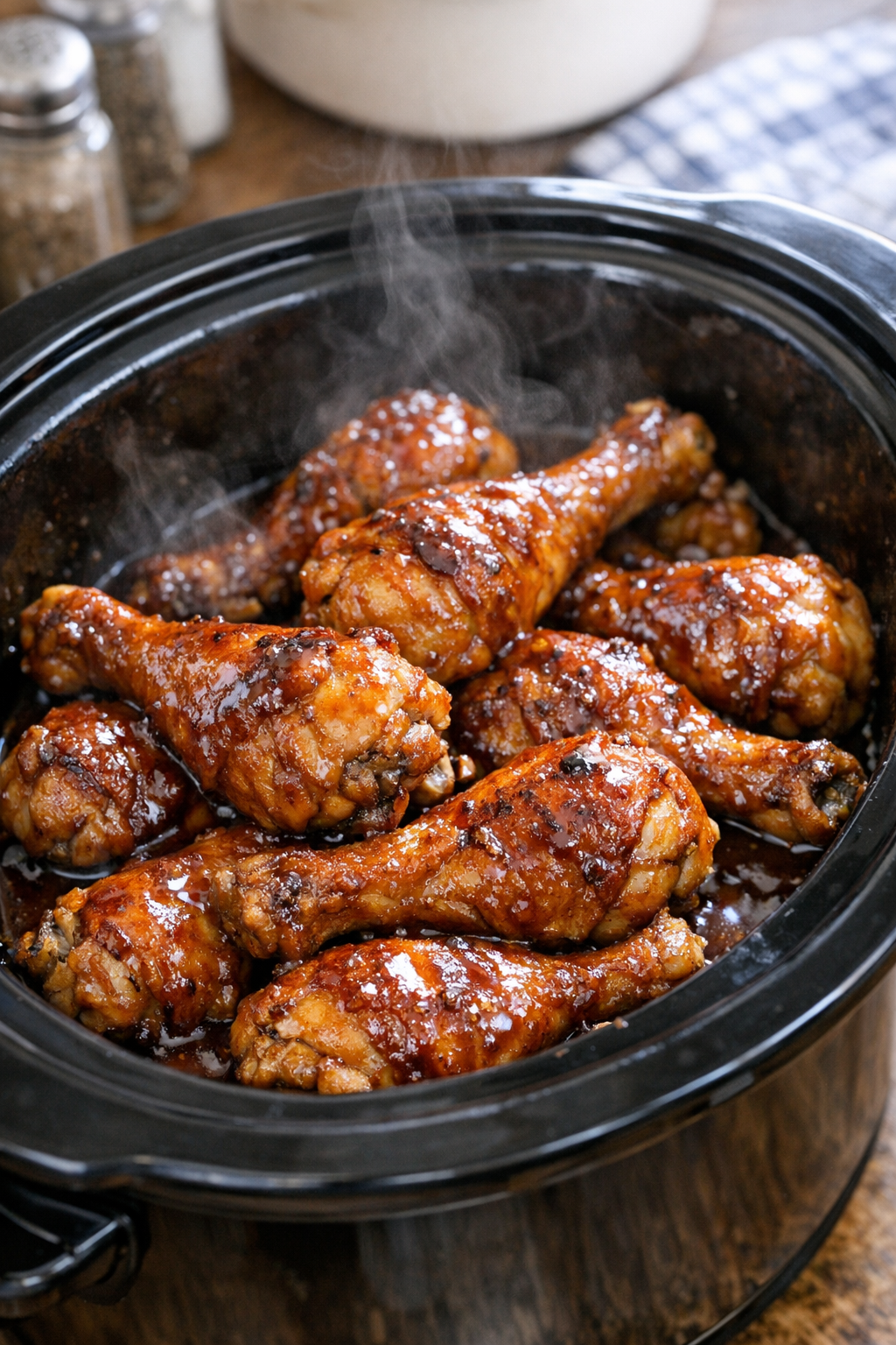 Cooked drumsticks in glossy sauce in the slow cooker