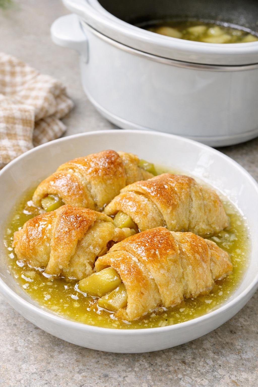 Finished apple dumplings plated with syrup