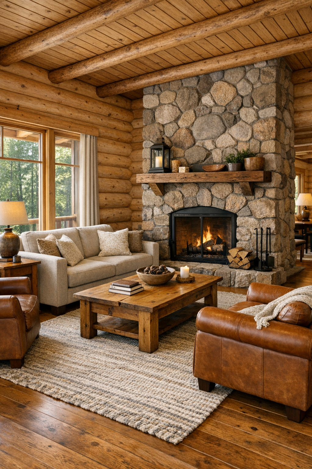 Living room with cedar log walls, stone fireplace, and handcrafted wood furniture