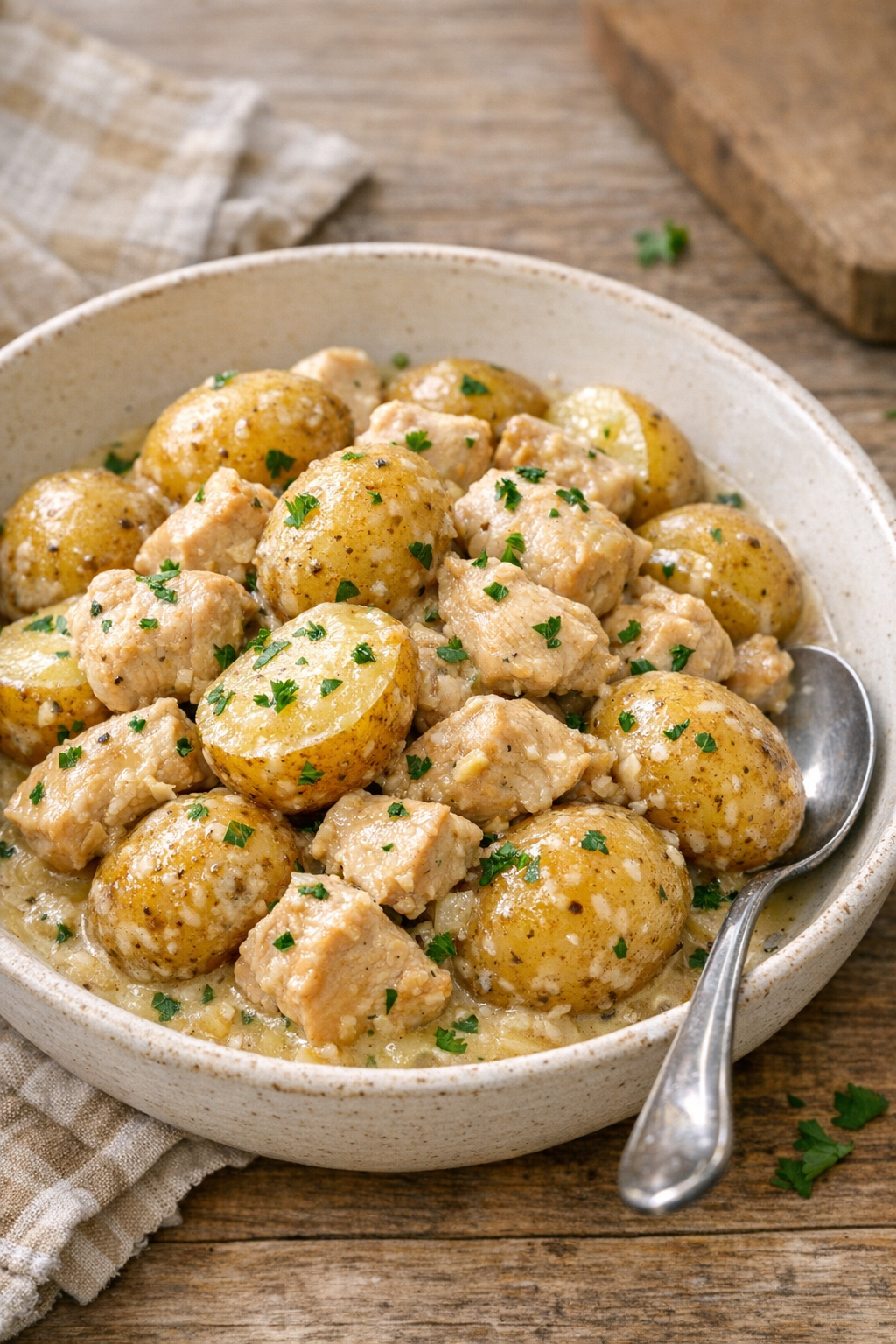Finished slow cooker potato and chicken bake plated in a rustic bowl