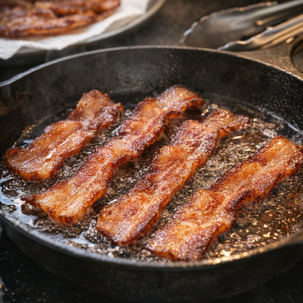 Bacon crisping in a skillet on the stovetop